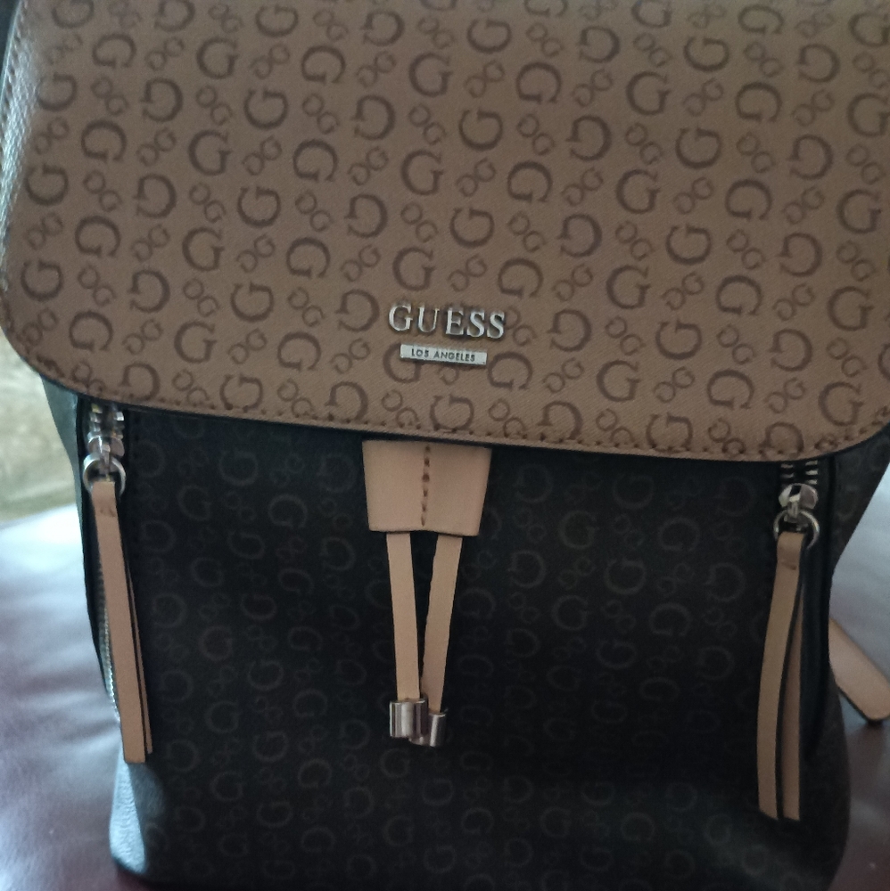 Guess Tan and Black Logo Backpack